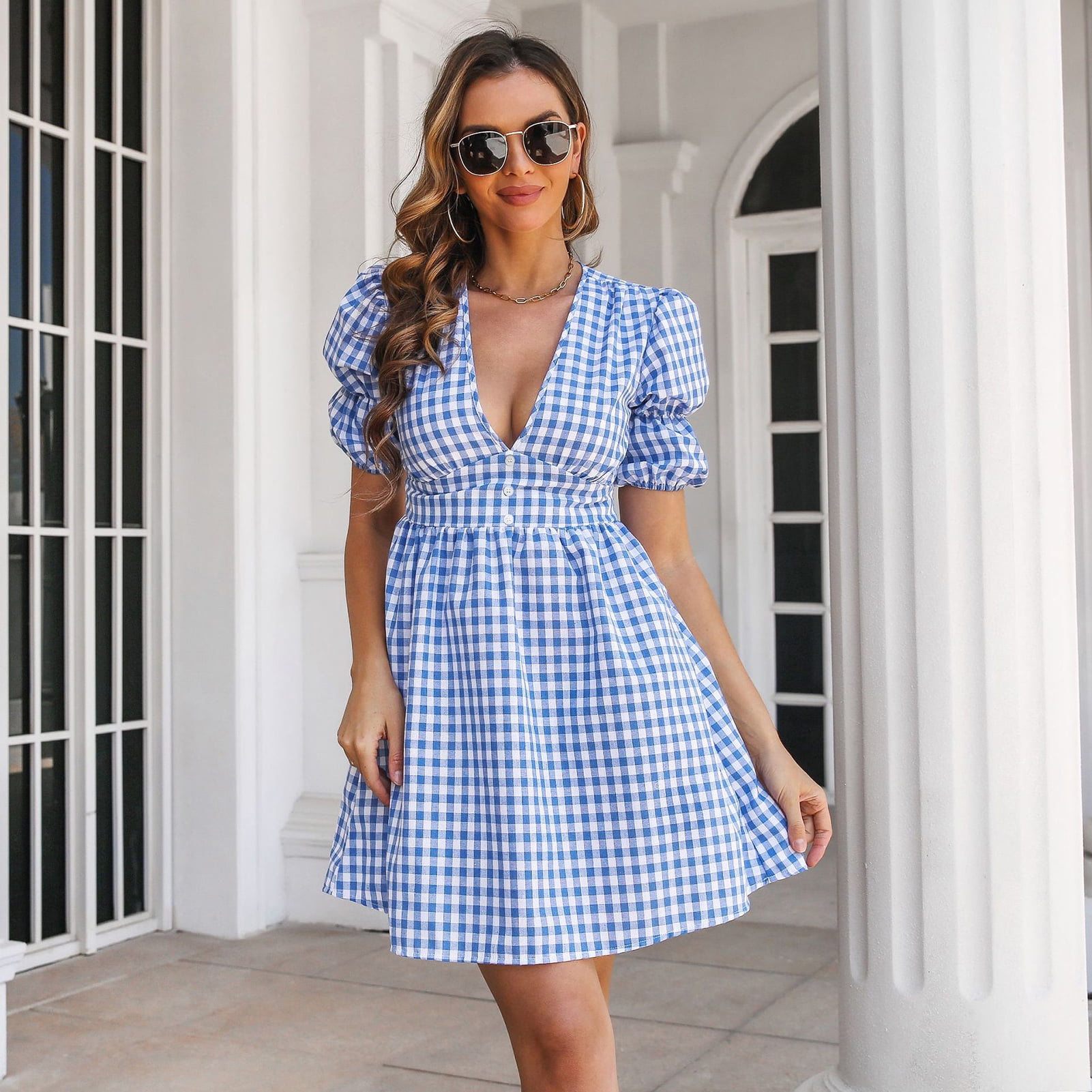 Short Sleeve Dress Plaid Dress Deep VA A Line Dress Deep V Neck Dress Expertly Crafted