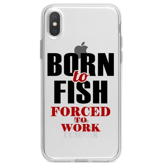 DistinctInk Clear Shockproof Hybrid Case for iPhone X / XS (5.8" Screen) - TPU Bumper Acrylic Back Tempered Glass Screen Protector - Born to Fish, Forced to Work