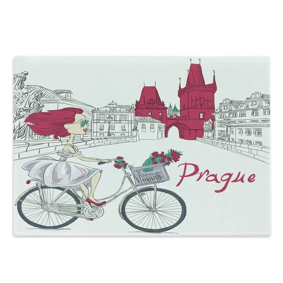 Prague Cutting Board, Romantic Style Composition with Girl on a Bicycle Hand Drawn Arrangement, Decorative Tempered Glass Cutting and Serving Board, in 3 Sizes, by Ambesonne