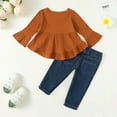 thumbnail image 4 of 2T Baby Girls Clothes 3T Girls 2PCS Fall Winter Outfits Set Solid Color Toddler Girls Long Sleeve Irregular Top Denim Pants Set Brown, 4 of 9