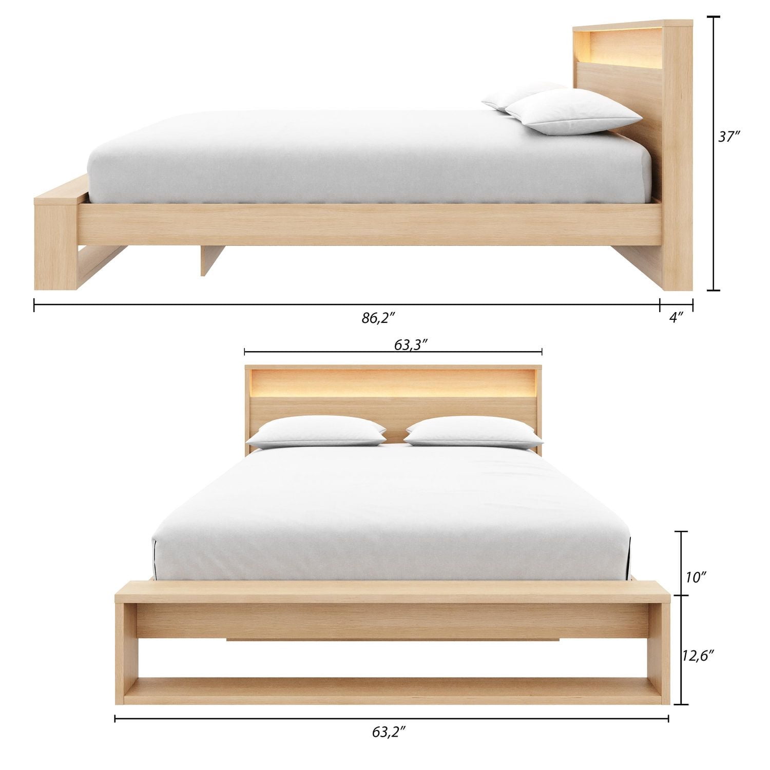 Gael Queen Size Bed Set with Slatted Bedframe and Headboard with Integrated Light