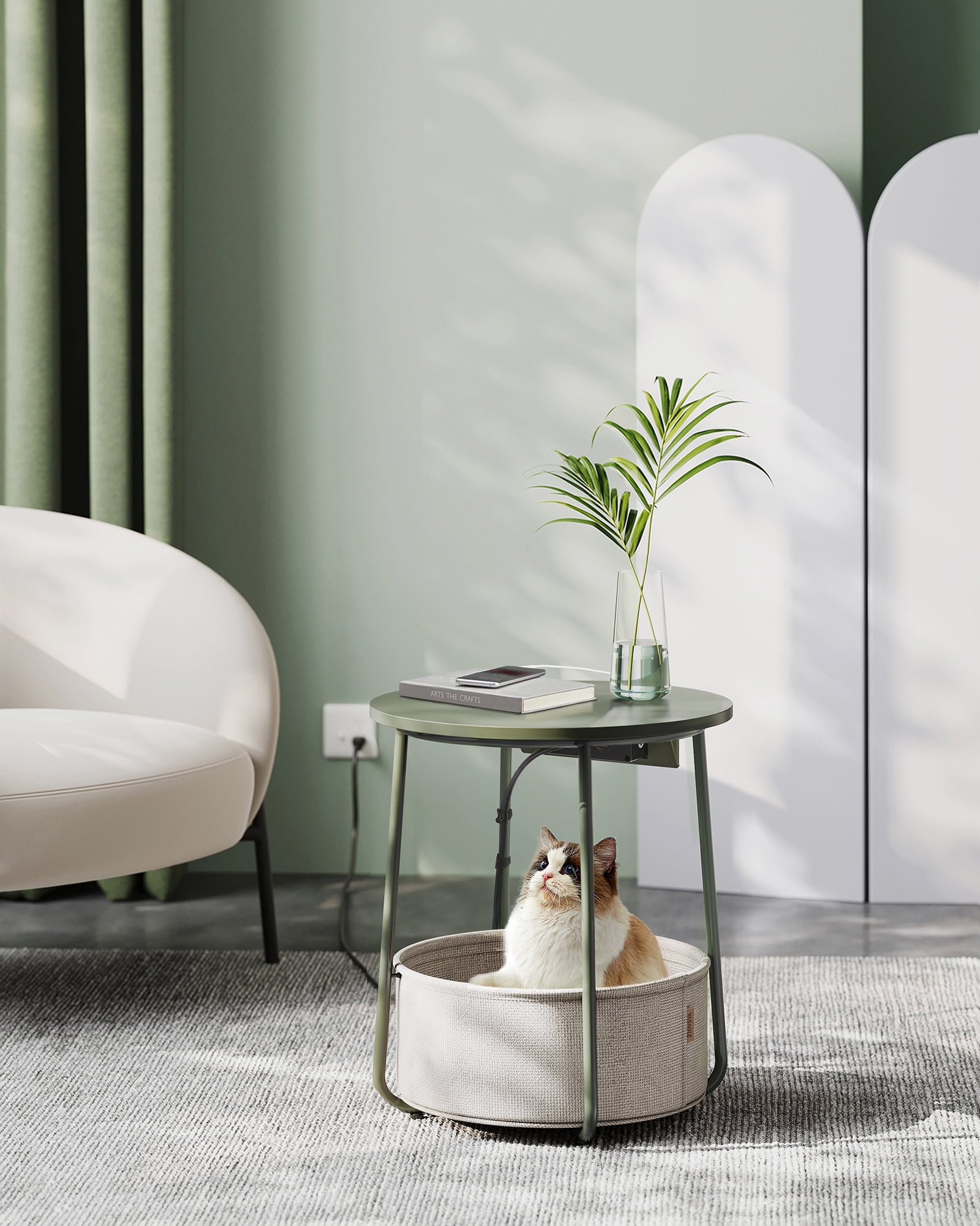 VASAGLE LILEA Collection - Side Table with Charging Station, Round End Table with Fabric Basket, Nightstand with USB Ports, for Living Room, Bedroom, Modern, Forest Green and Cream White