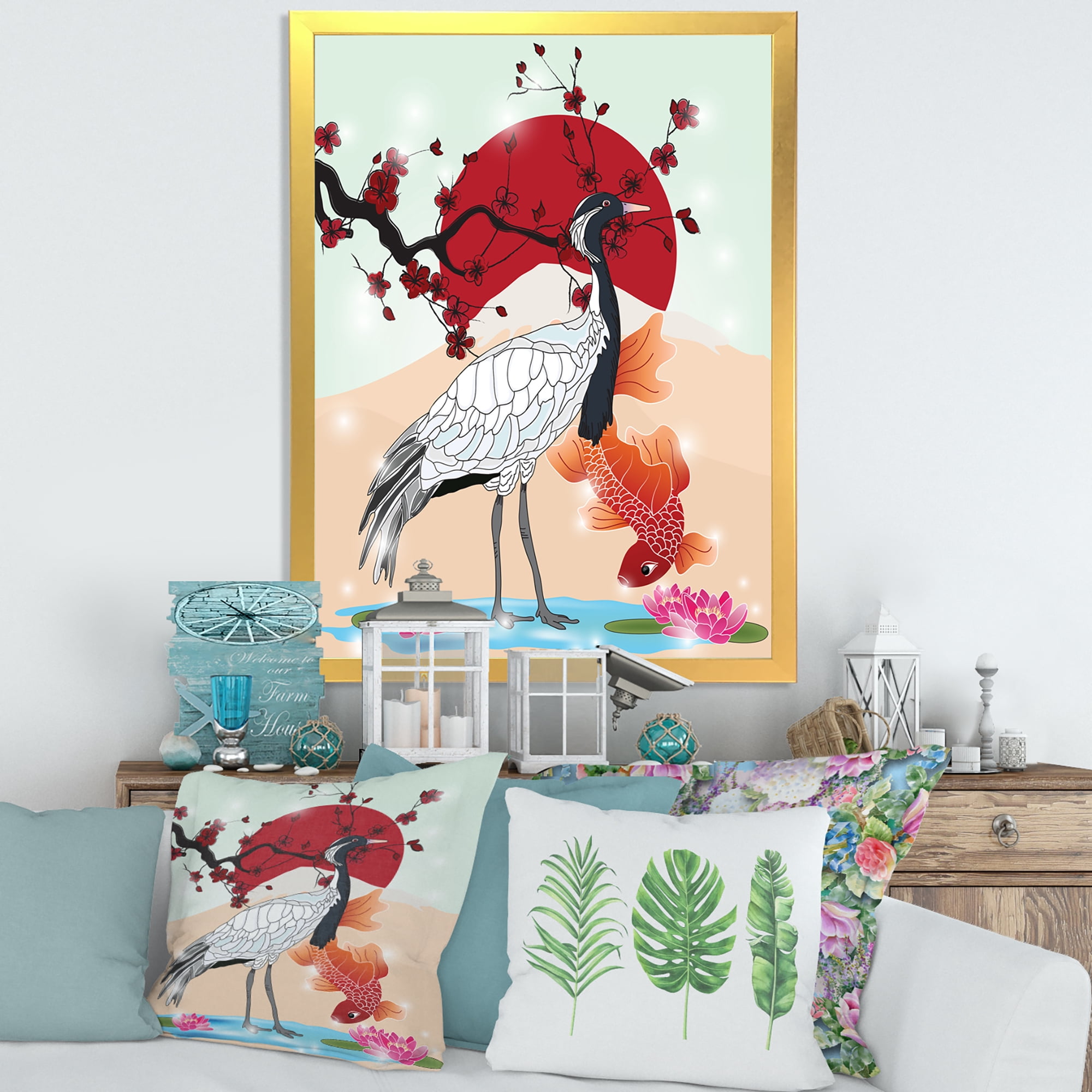 Designart 'Koi Fish With Crane Bird' Farmhouse Framed Art Print