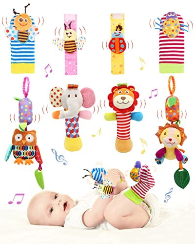 Wrist Rattle Foot Sock Rattles C8 Sensory Plush Animal Toys for Newborn Baby Girls and Boys Hand Arm Leg Ankle Handheld Rattles Soft Hanging Rattle Clip On Car Seat Stroller 