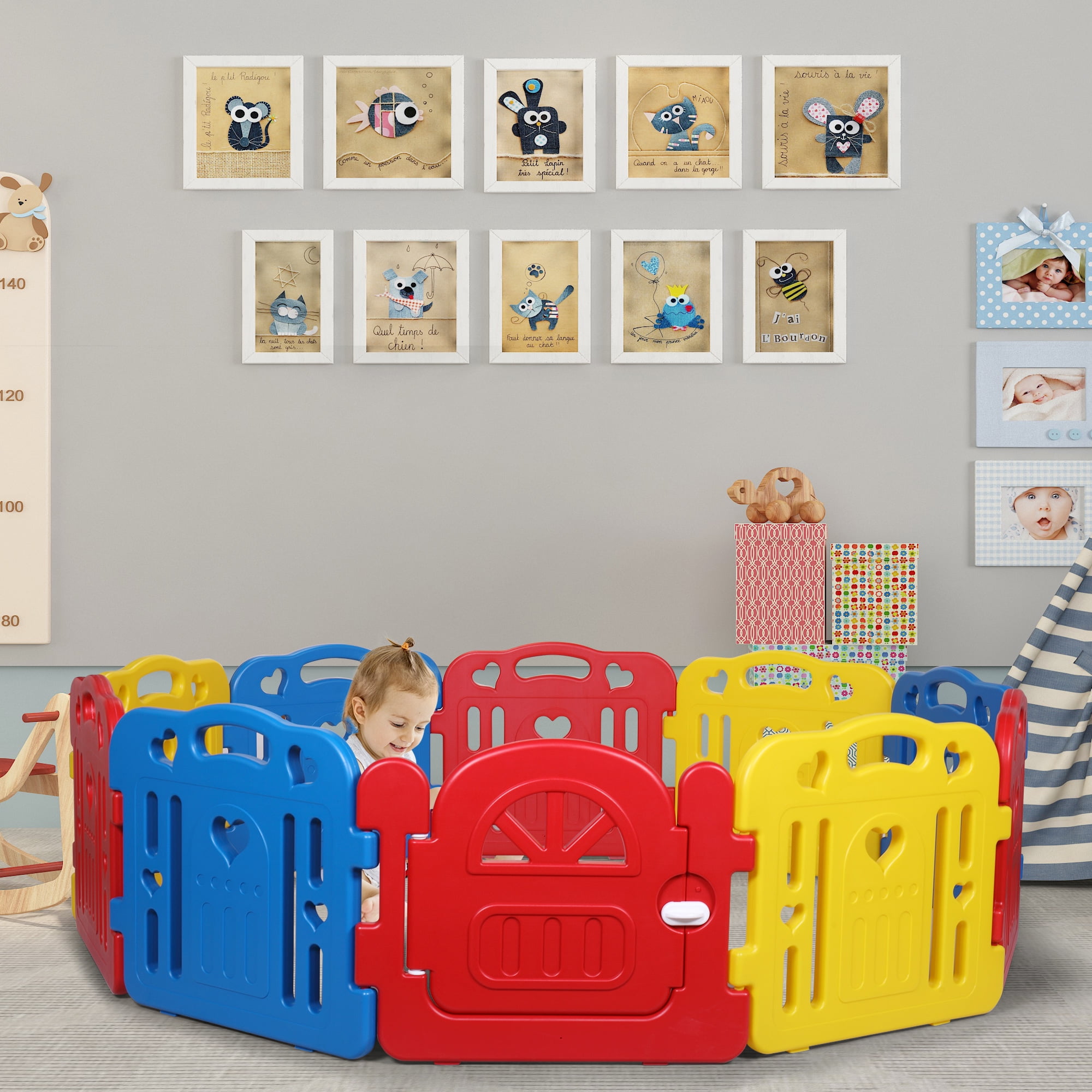 Private Jungle Baby Playpen, 10 Panel Round Folding Fence with Locking Gate, Adjustable Shape, Portable Playgrounds for Indoor and Outdoor