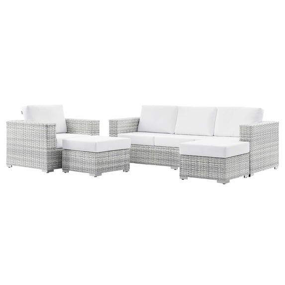 Lounge Sectional Sofa Chair Set, Rattan, Wicker, Light Grey Gray White, Modern Contemporary Urban Design, Outdoor Patio Balcony Cafe Bistro Garden Furniture Hotel Hospitality