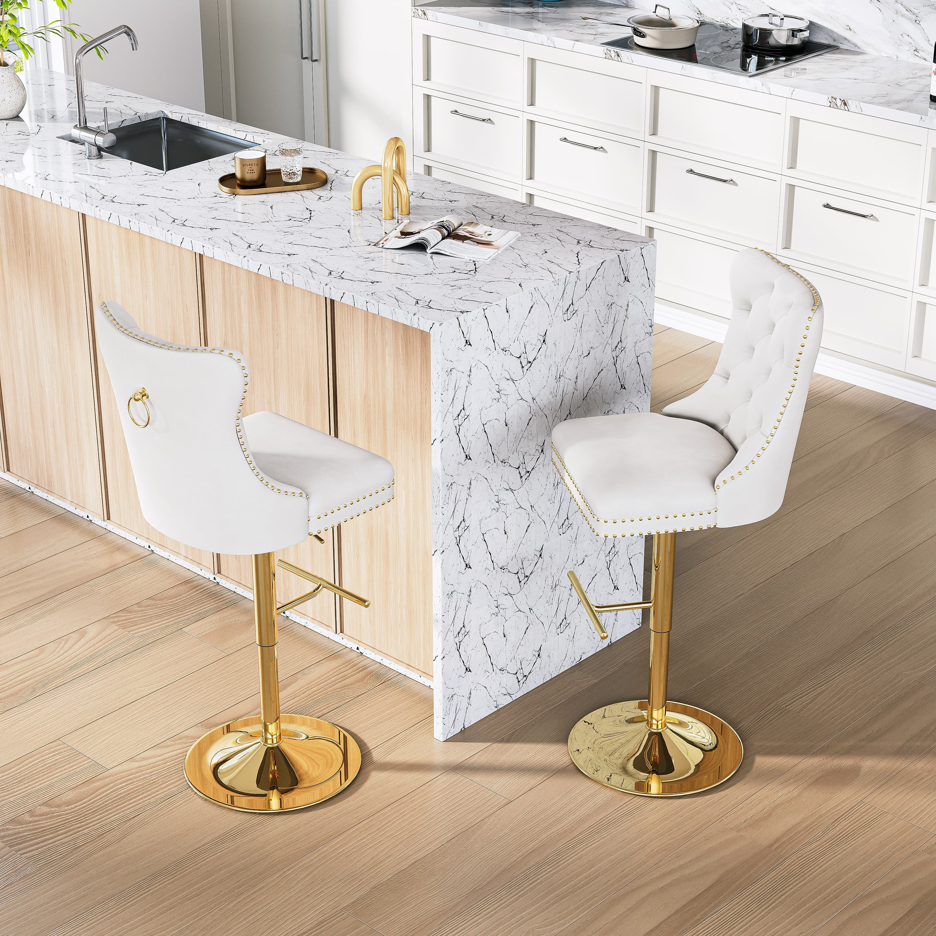Modern Velvet Bar Stools Set of 2 Adjustable Swivel Counter Height Chairs with Upholstered Back and Nailhead Trim for Home Pub Kitchen Island