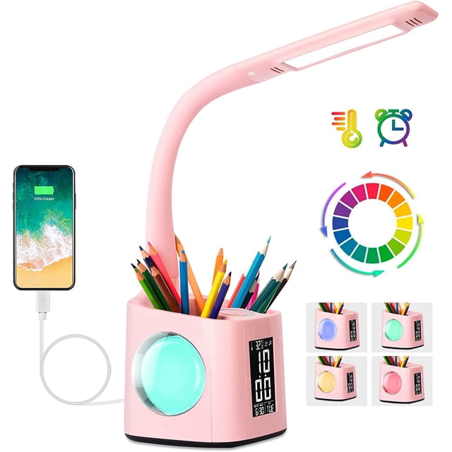 AIR-wanjiaone LED Desk Lamp with Clock,Color Changing Nightlight,Study Lamp with Pen Holder,Desk Light with USB Charger,Table Light for Home,Office,Bedroom,Gift for Kids,Students,Women,3 Brightness L