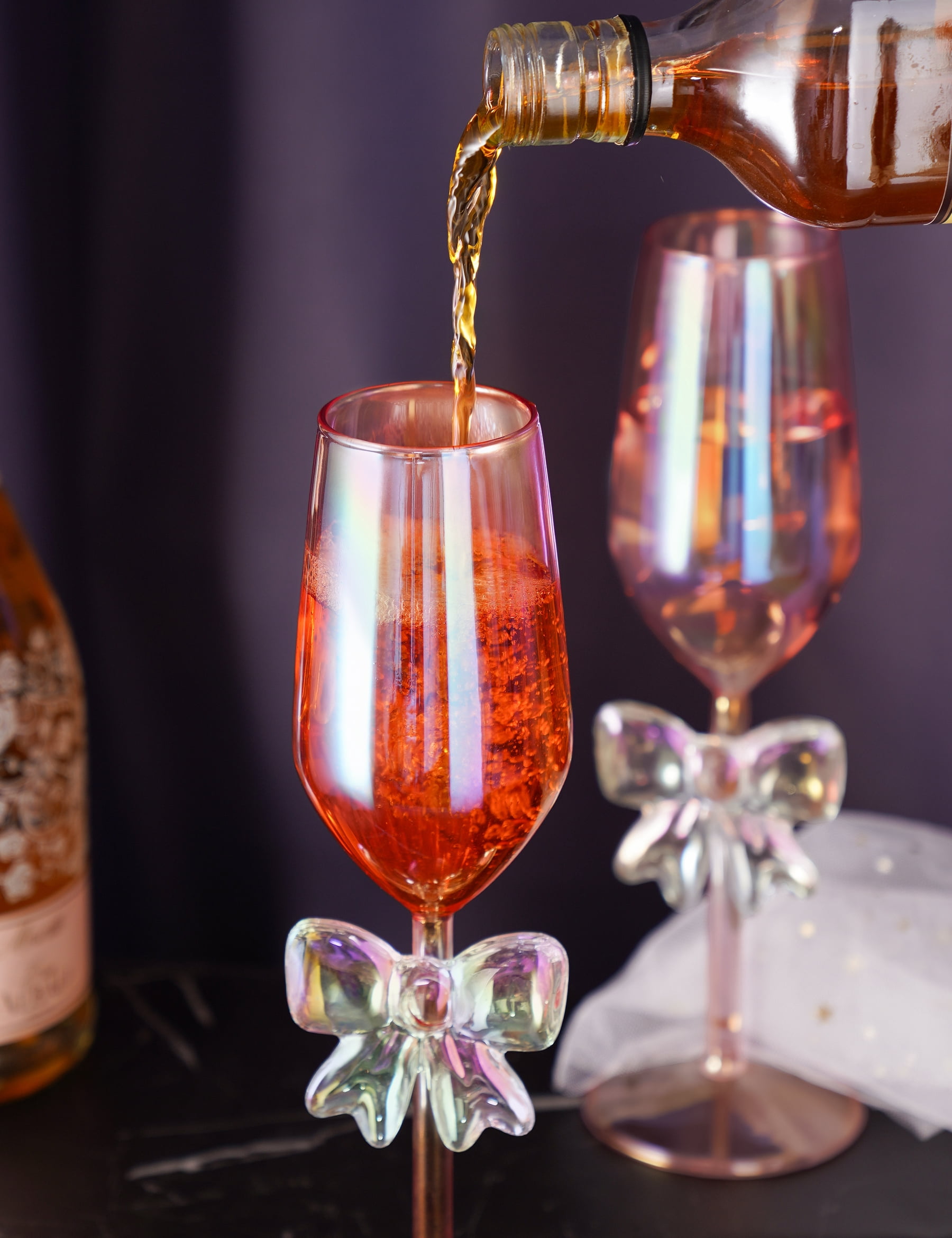 NiHome 2-Pack Pink Iridescent Champagne Flutes with Bow Base for Women, 10.5oz Handcrafted High Borosilicate Glasses, Elegant Rainbow Glassware for Wedding Party Celebration, Unique Tall Drink Cups
