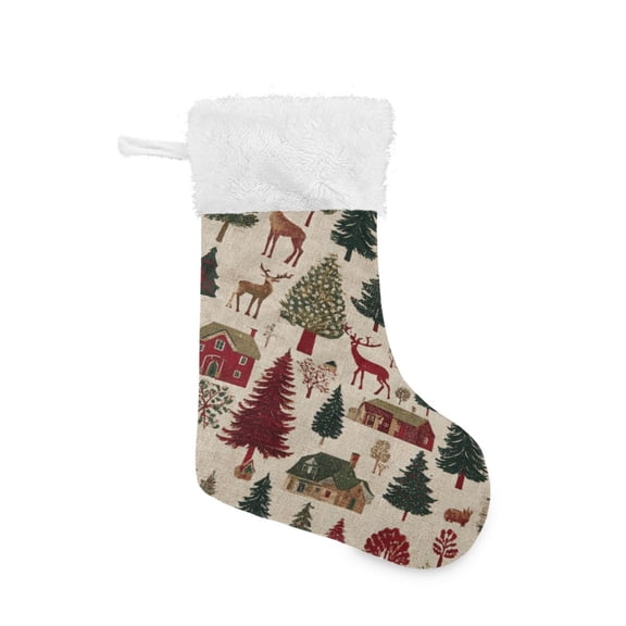Christmas Stocking with Hanging Loop for Family Holiday Ornament Christmas Trees Deer and Houses