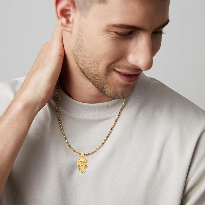 DVEATR Skull Head Necklace 925 Sterling Silver/18K Gold Plated/Black Gothic Skull Jewelry for Men, with Stainless Steel Chain 22+2 Inch