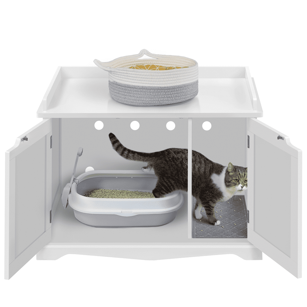 Alden Design Wooden Pet Litter Box for Pets Cat Hidden Washroom Bathroom with Door, White