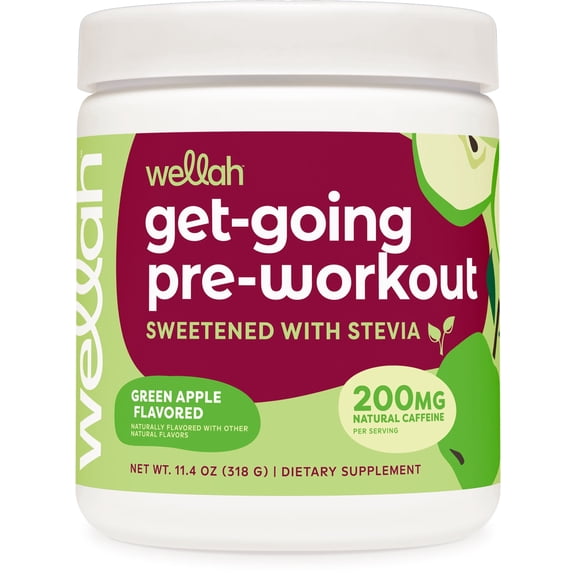 Wellah Pre-Workout Drink Mix (Green Apple Flavored, 30 Servings) - with Citrulline Malate and L-Theanine, 200mg of Natural Caffeine & 1000mg of Beta-Alanine