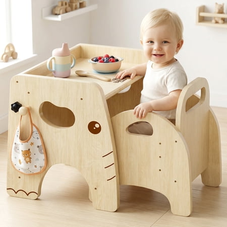 Montessori Weaning Table and Chair Set Adjustable Design Elephant Theme Wooden Toddler Table and Chair Set for Toddlers 1-3 Ideal for Mealtime Learning and Play Kids Montessori Furniture