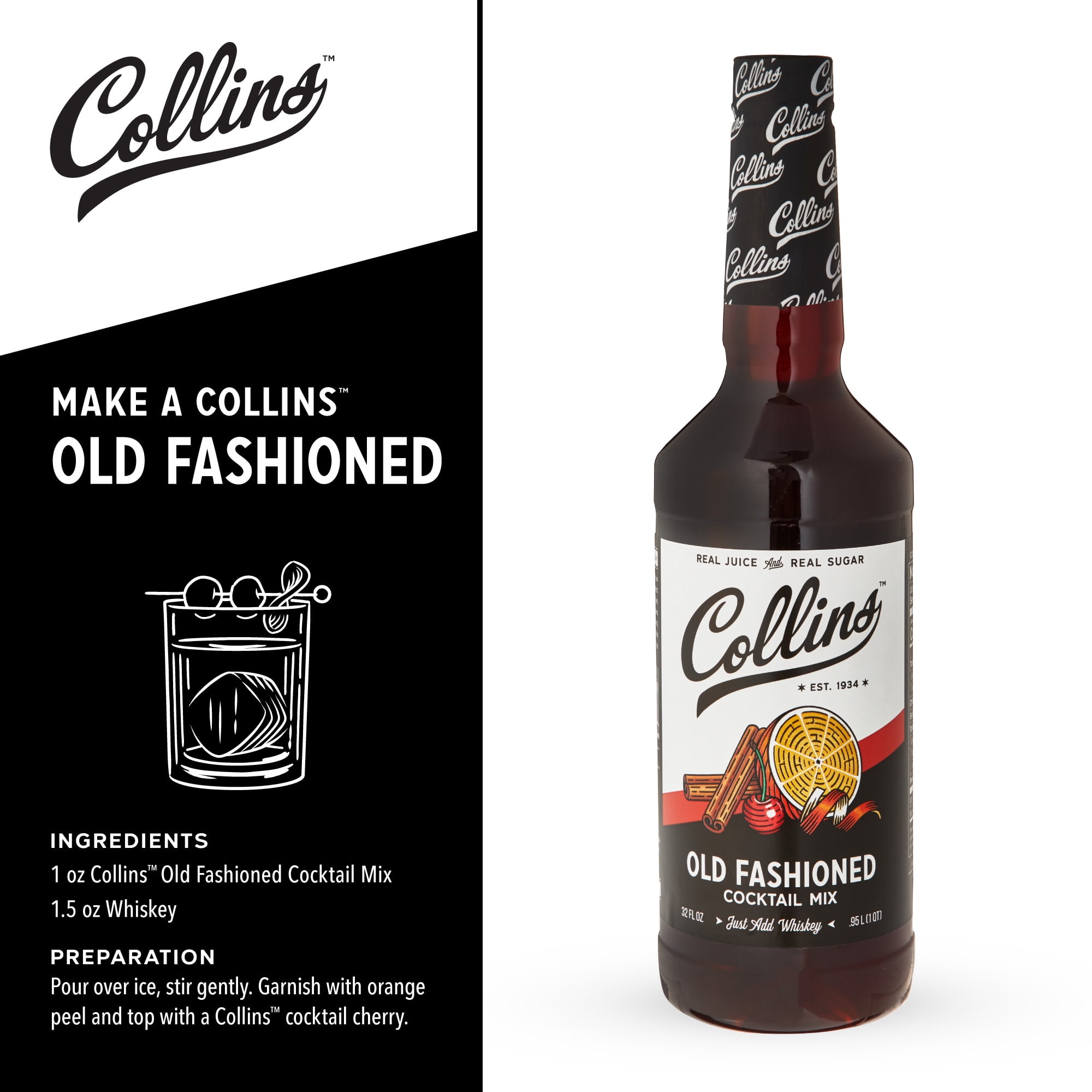 Collins Old Fashioned Mix | Made With Real Brown and Sugar Cherry Juice With Natural Flavors | Classic Cocktail Recipe Ingredient, 32 fl oz