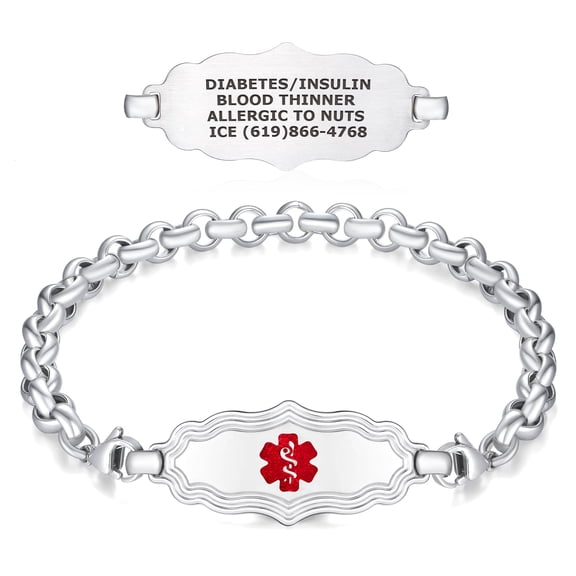 Divoti Medical Alert ID Bracelets for Women, Custom Engraved Stainless Steel ID Victorian Art Deco Design w/Rolo Chain, Stylish & Comfortable Personalized Emergency Alert Jewelry — TP Blue/7.0"