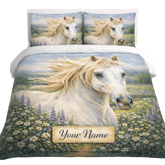 Lotusprint LLC 2D Print Personalized White Horse Floral Bedding Set (60x80), Country Farm Bed Set