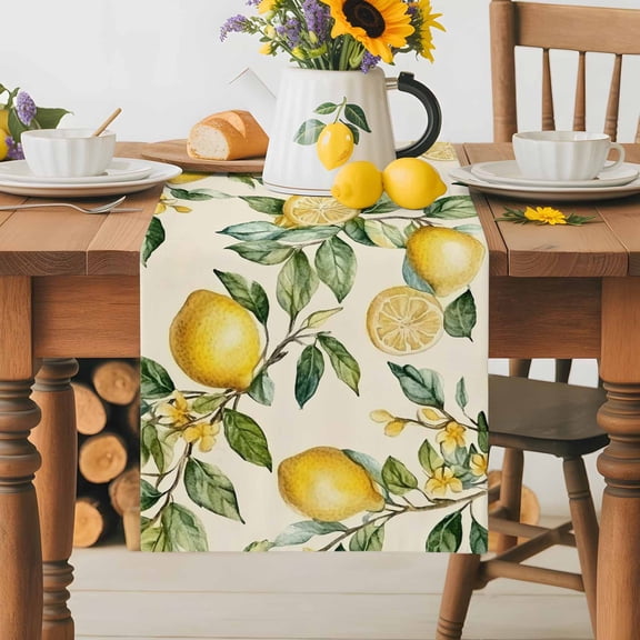 Burlap Table Runner 36 Inches Long, Country Farm Vintage Lemon Non-Slip Kitchen Table Runners for Dining Room Everyday Use Party Table Decorations Yellow Fruit Leaves