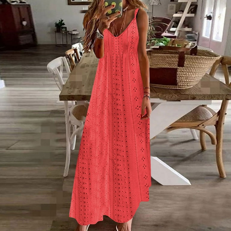 Fashion SMihono Women Eyelet Spaghetti Strap Sundress Casual Summer Long  Maxi Dress V Neck Sexy Boho Dresses Trendy Beach Clothes 2025 Watermelon  Red XXL