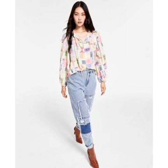 MSRP $60 Inc International Concepts Printed Tie-Neck Top White Size Medium