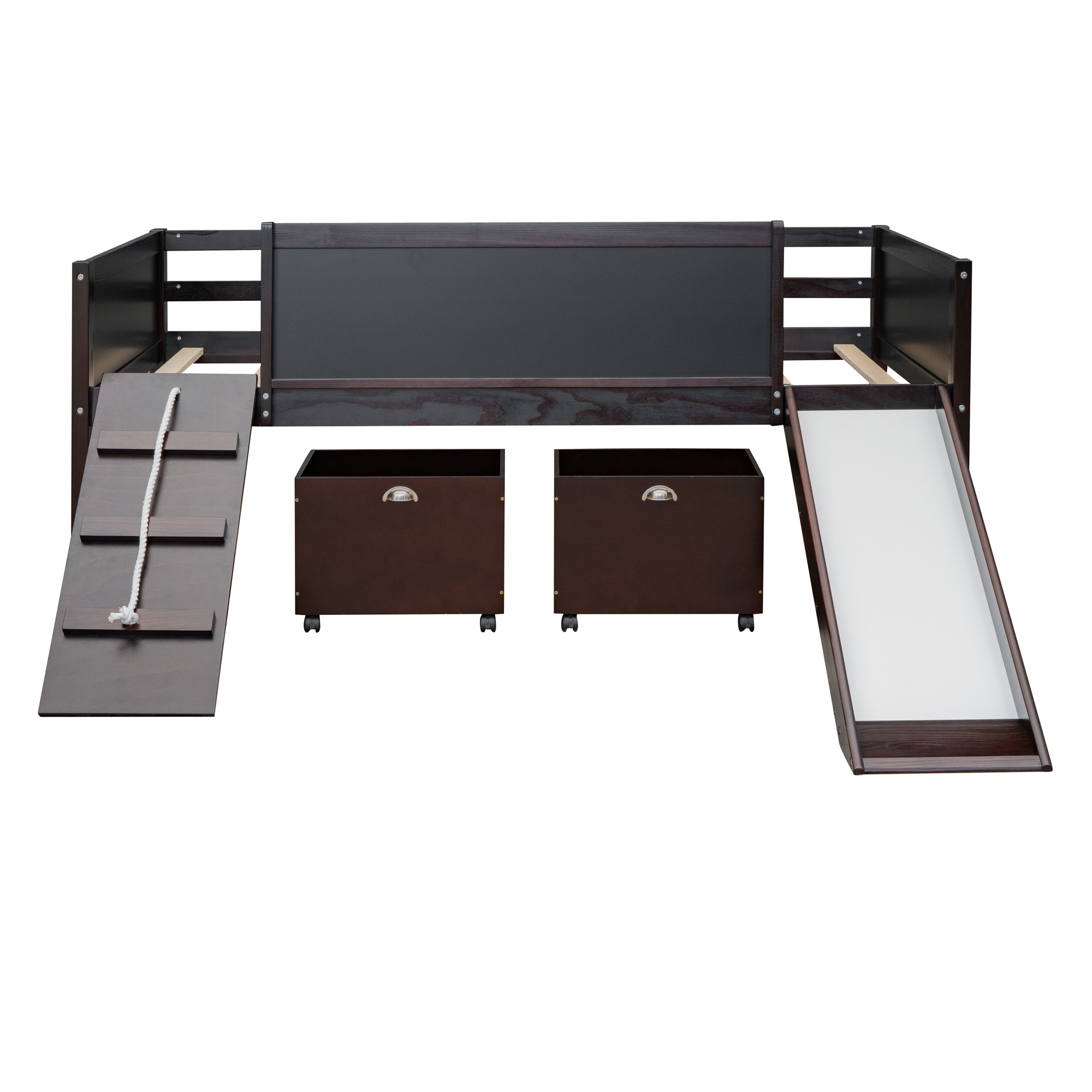 Euroco Wood Twin Size Loft Bed with Slide, Cabinets and Chalkboard,  Climbing and Rope Design for Kids, Espresso