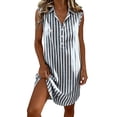 thumbnail image 6 of Ohufall Knee-Length Dress for Women Cotton Linen Turndown Collar Dress Stripe Breathable Summer Vacation Dress, 6 of 6