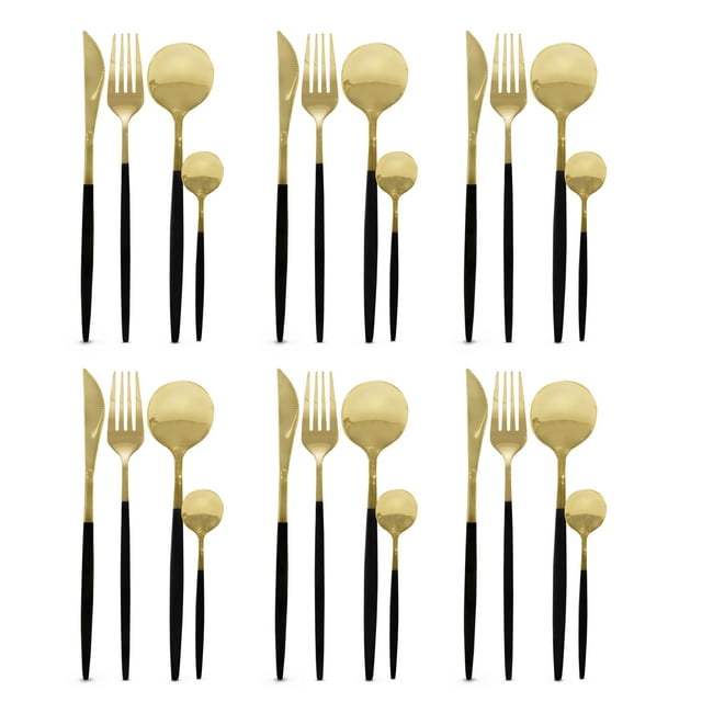Juego de Cubiertos Idea Nuova Dorados con Negro 24 pzas Cuchillo Cucharas y tenedores Cubiertos Modernos