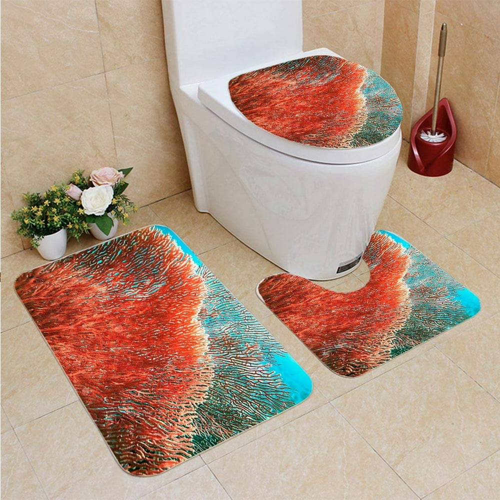 PUDMAD Red Tree Coral 3 Piece Bathroom Rugs Set Bath Rug Contour Mat