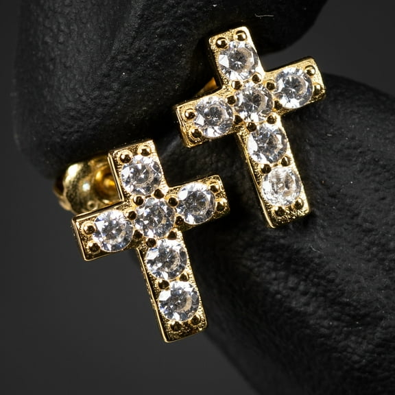 Small Mens Women's Prong Set Iced 5A Cz Hip Hop Yellow Gold 925 Sterling Silver Hypoallergenic Ice Out Cubic Zirconia Cross Screw Back Stud Earrings