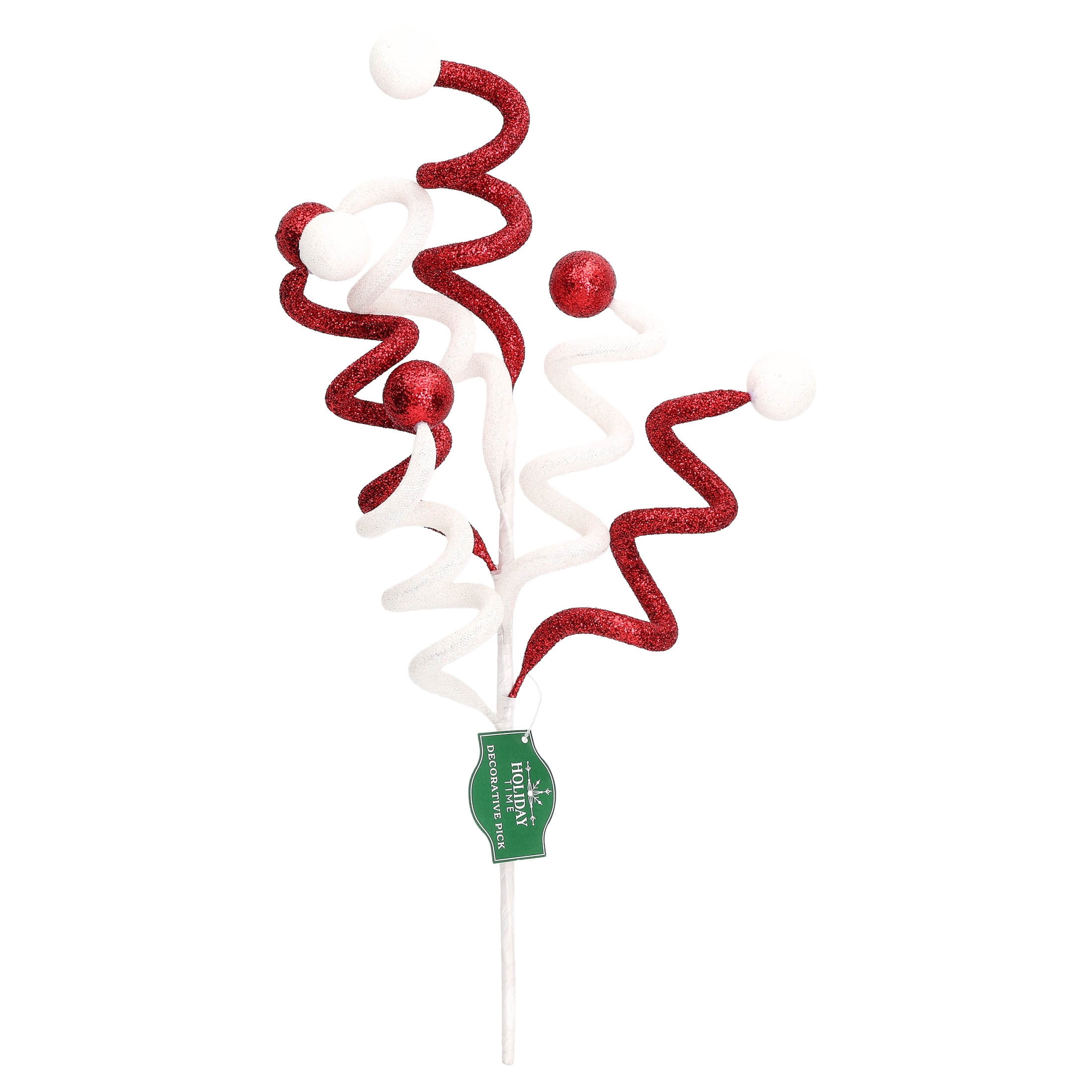Red and White Glitter Curly Decorative Christmas Pick, 18", by Holiday Time