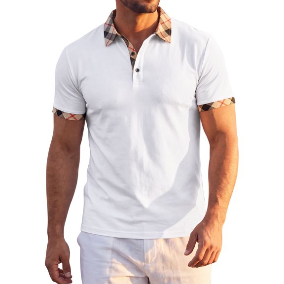 INSPIRE CHIC Men's Polo Shirt Short Sleeve Contrast Plaid Collar Golf Shirts M White