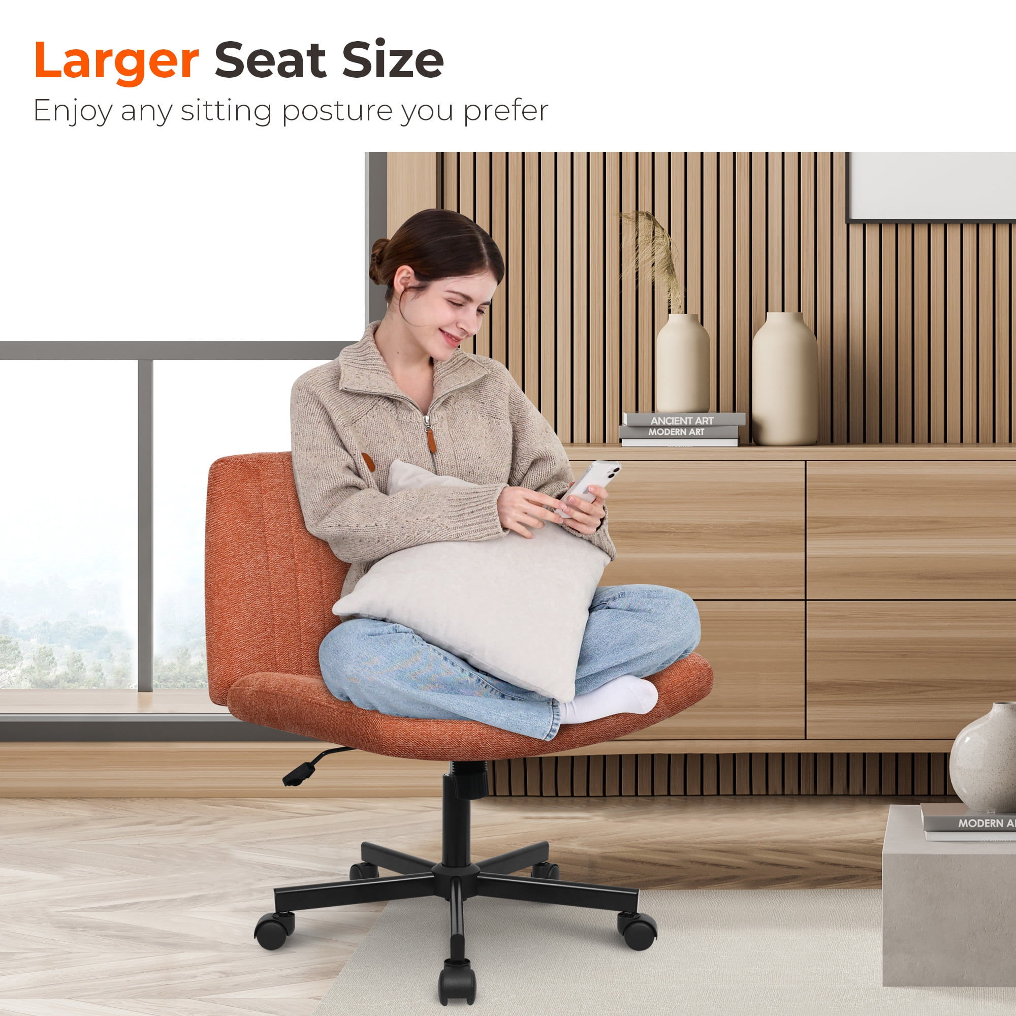 NEO CHAIR Criss Cross Legged Office Desk Vanity Armless Chair with Wheels Swivel, Brown
