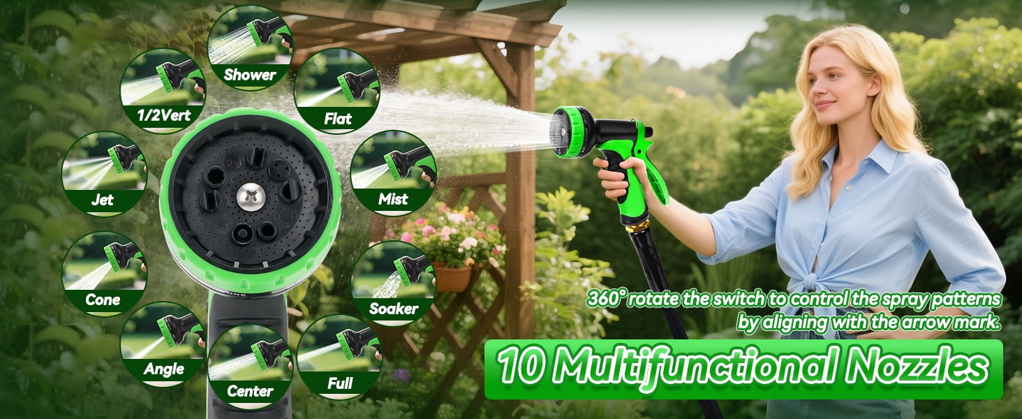 Sminiker Non-extendable 100-foot garden hose, With 10 types of nozzles, Lightweight, Not prone to bending, Suitable for outdoor garden lawns