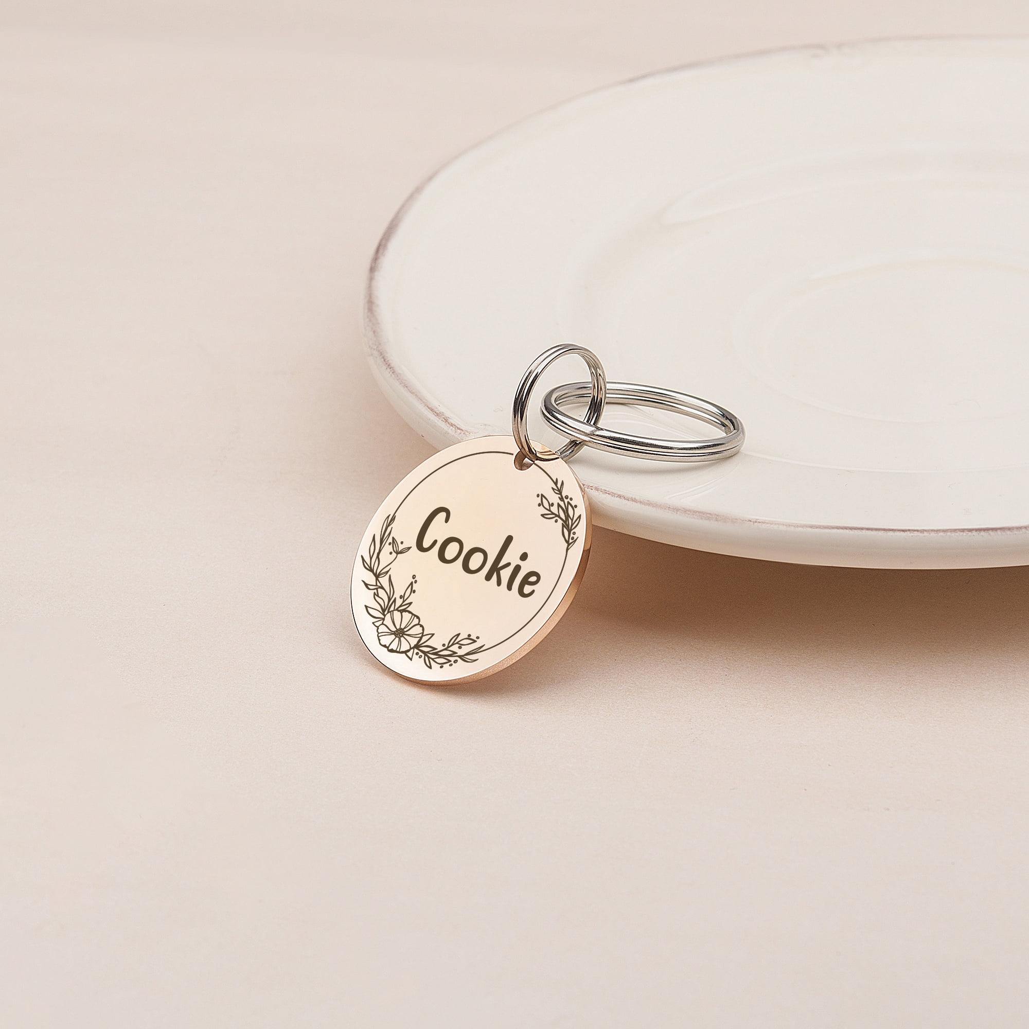 Anavia Stainless Steel Metal Round Name - Boarder Birthday Holiday Christmas Engraved Dog Cat ID Tag, Rose Gold
