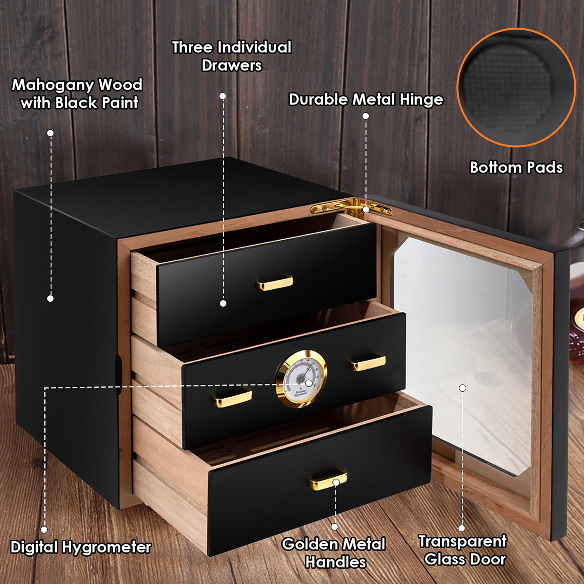 80 Cigar Humidor Desktop Cigar Box Glass Door 3 Drawers w/Hygrometer&Humidifier 
