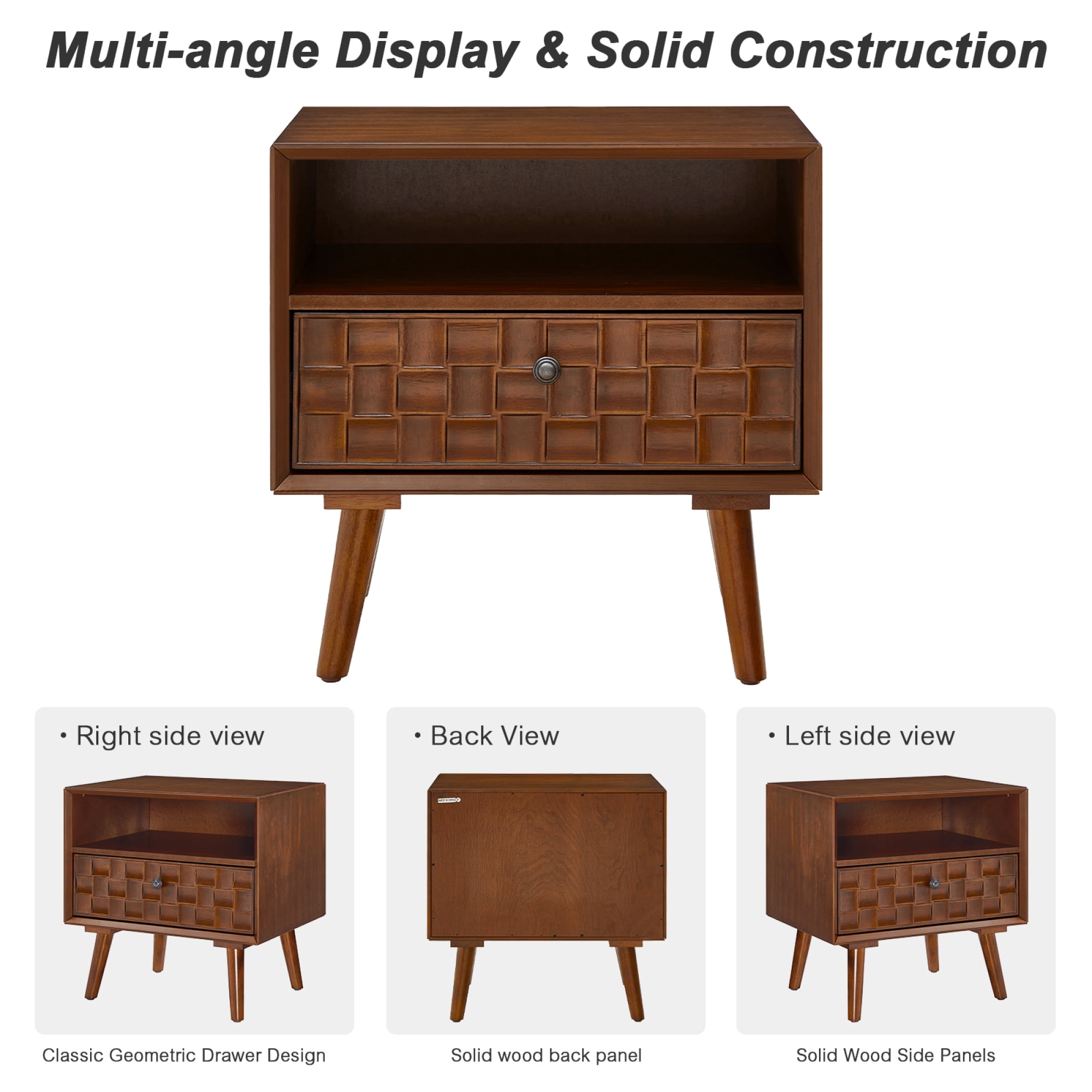 Leumius 22" Mid-Century Modern Wood Nightstand with Carved Geometric Drawer Front, 1 Drawer and Open Shelf, Solid Wood Legs, Bedside Table for Bedroom Walnut