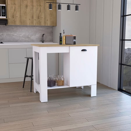 35.4-inch tall kitchen island with single-door cabinet two internal shelves and open shelf for kitchen storage and display