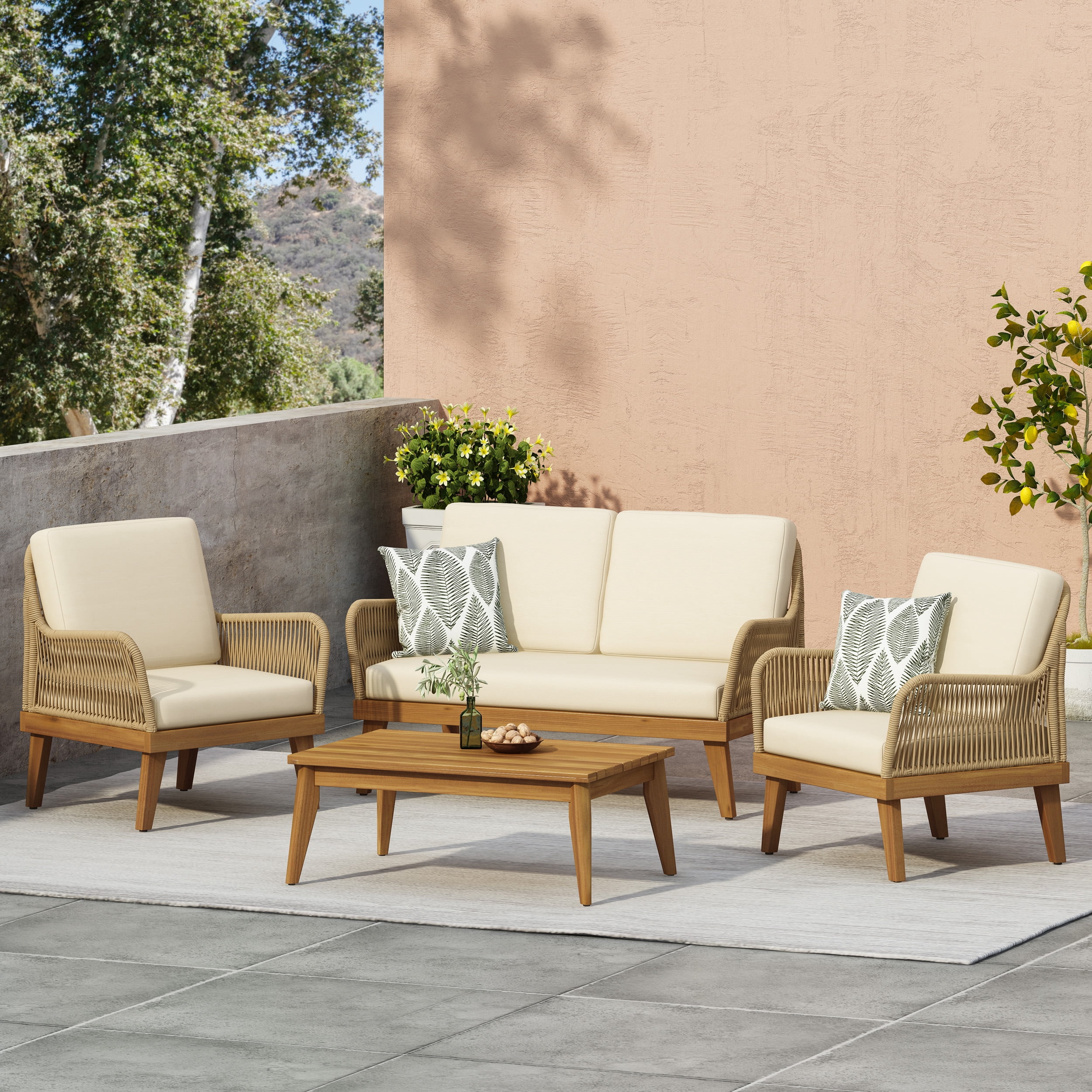 Outdoor 4 Piece Conversation Furniture Set, Acacia Wood with Rope Detail and Water Resistant Cushions for Patio, Teak and Beige