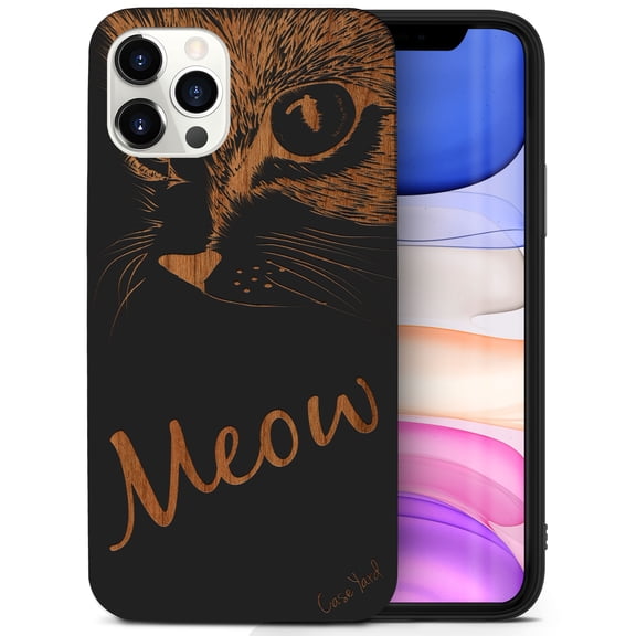 Case Yard Wooden Case for iPhone-12-Pro-Max Soft TPU Silicone cover Slim Fit Shockproof Wood Protective Phone Cover for Girls Boys Men and Women Supports Wireless Charging Meow Design