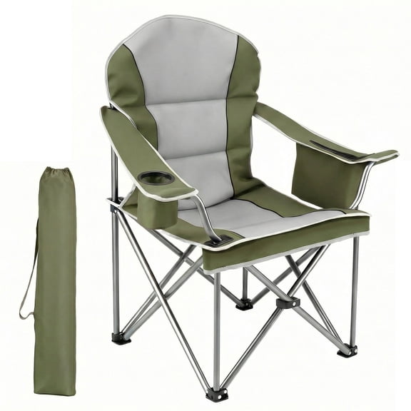EDX Heavy Duty Camping Chair 500 lb Capacity, Oversized Extra Wide for Adults, Padded High Back Folding Lawn Chair, 500 lbs Steel Frame, Portable Outdoor Camping Chair with Cup Holder, Green