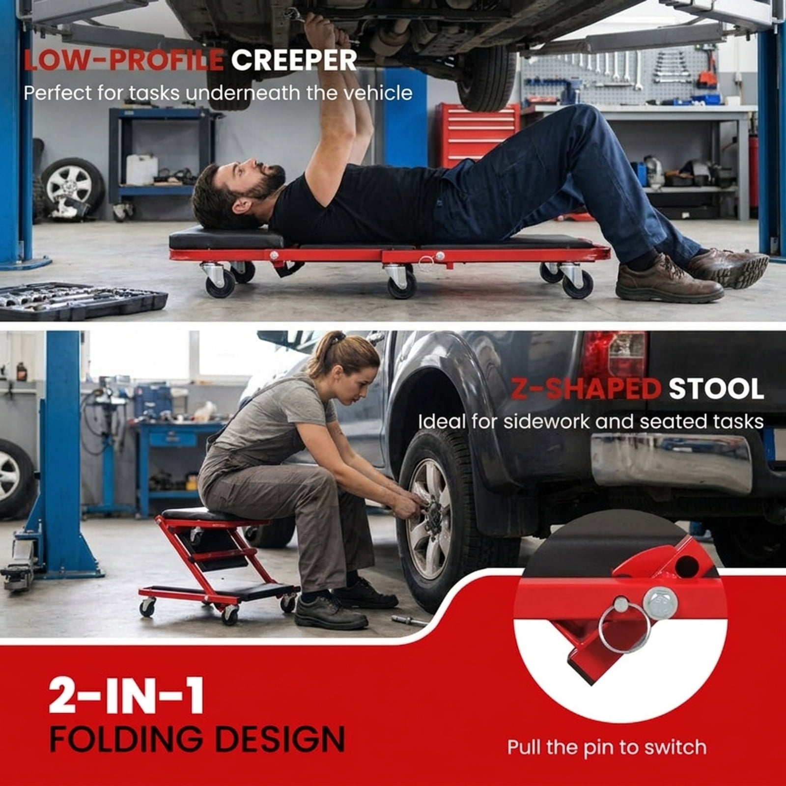 Biotree 2-in-1 Z-Shaped Rolling Garage Stool 36 Inch Folding Automotive Creeper 400 lbs - Red