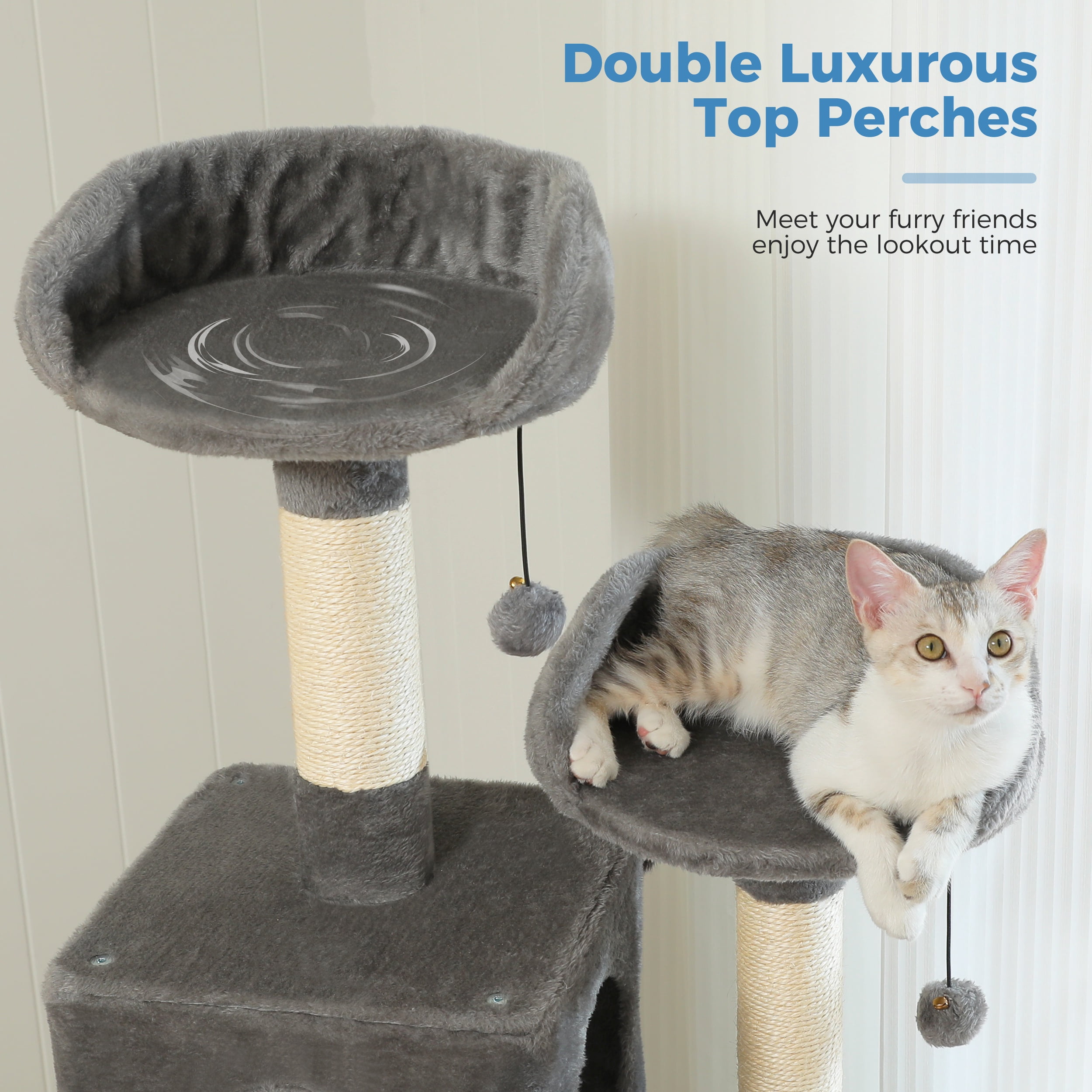 Vibrant Life 60inch Multi-Level Cat Tree with Condo Scratching Post and Hammock,Gray