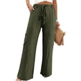thumbnail image 2 of Nhthy Women's Solid Summer Drawstring Waist Cargo Pants Wide Leg Casual Loose Fit Trousers Green M, 2 of 6