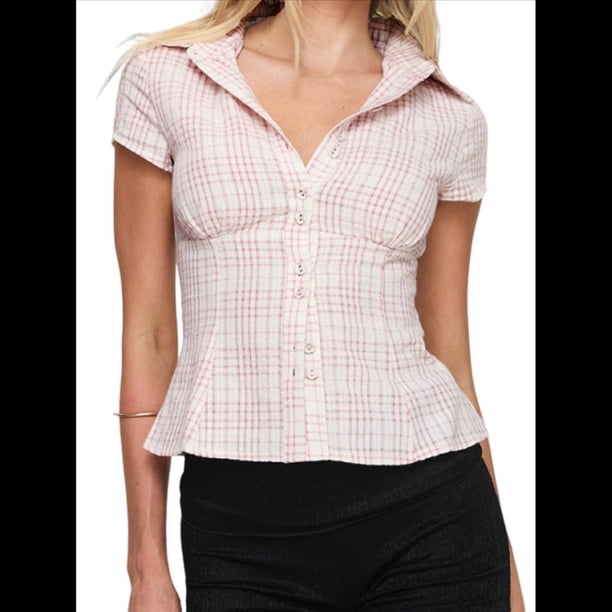 Camisa Informal de Corta con Botones y Cuello en V para Mujer, Estilo Y2K, con Cuadros y Abertura Frontal. Rosa M