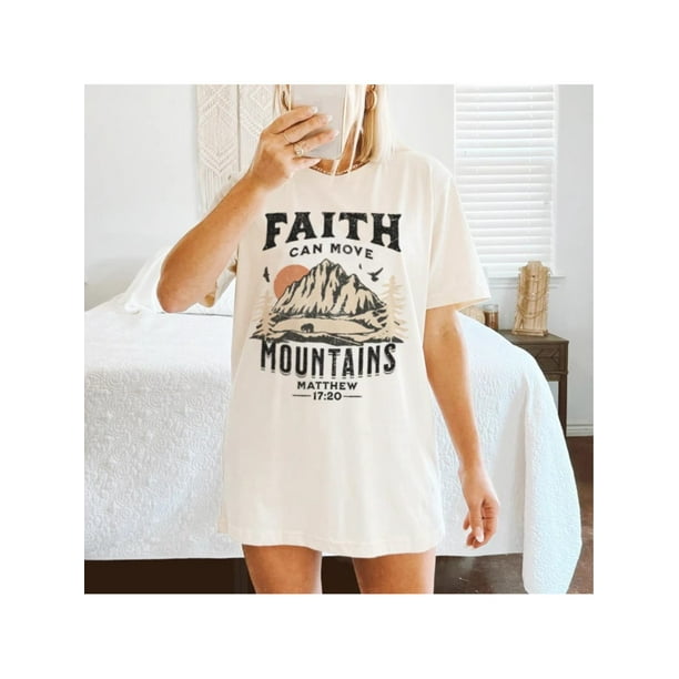 Camiseta informal con estampado "Faith Mountain" para mujer, algodón, cuello redondo, manga corta, corte regular, estilo veraniego.