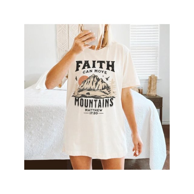 Women's Casual Faith Mountain Print T-Shirt, Polyester, Round Neck, Short Sleeve, Regular Fit, Summer Fashion Top