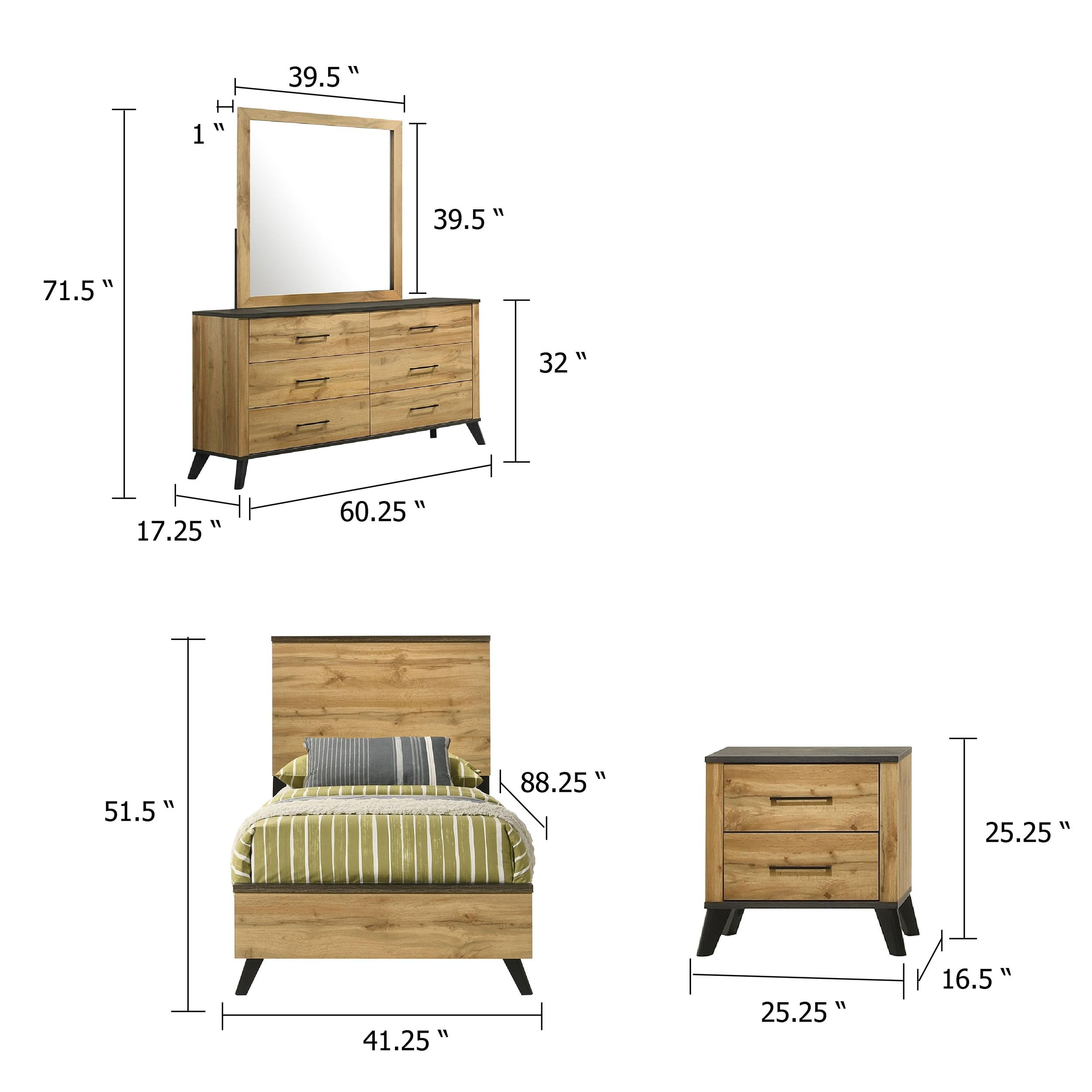 Wemy 4 Piece Twin Size Bed Set-Rustic Brown Pine Wood-Tapered Legs