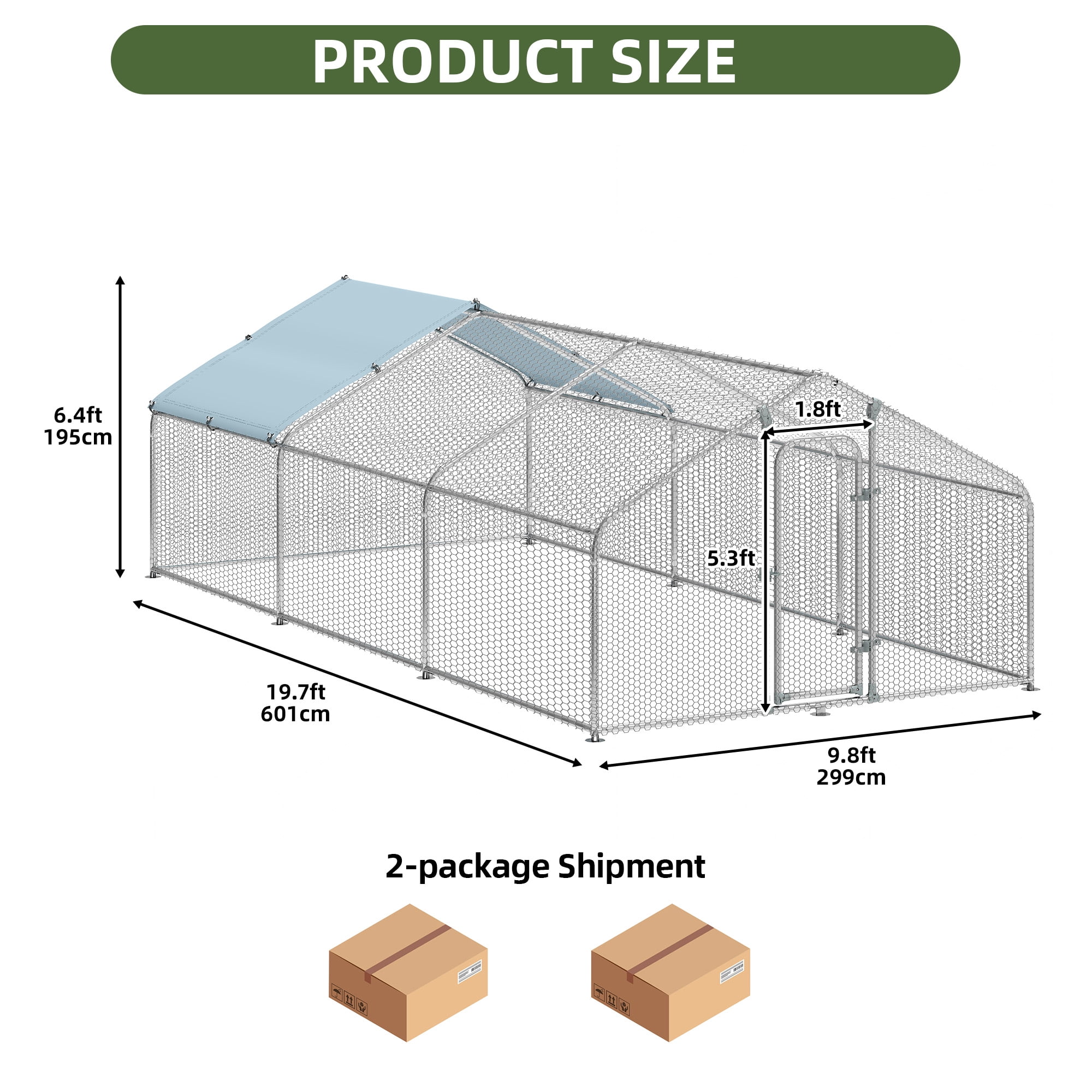 Uforic Chicken Run Coop 19.7 x 9.8 x 6.4 FT Large Metal Chicken Coop, Walk-in Hen Cage, Outdoor Poultry Cage with Waterproof Anti-UV proof Cover and Wire Mesh for Backyard,Outdoor Farm Use