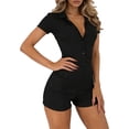 thumbnail image 2 of Costeam Womens Solid Color V Neck Collared Button Front Slim Fit Short Jumpsuit Elastic Waist Soft Fabric Casual Stylish One Piece Daily Short Romper, 2 of 6