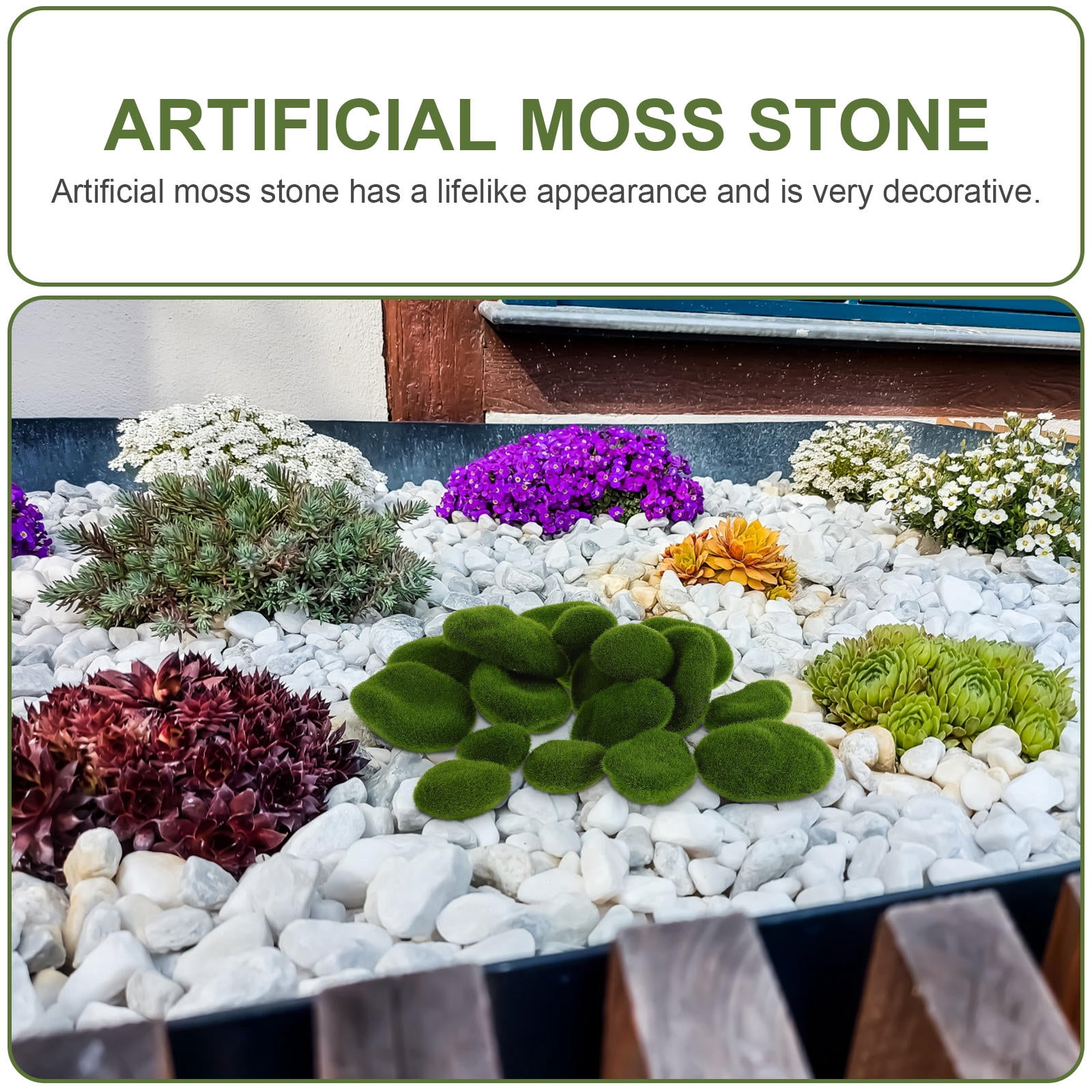 Raindrops Realistic Green Flocking Moss Stones Garden Decorations for Indoor Outdoor Home Use - 50 Pieces Set